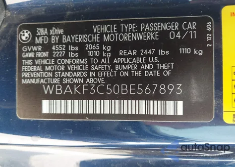 2011 BMW 328I xDrive from USA, damaged, VIN WBAKF3C50BE567893